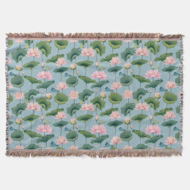 Chinoiserie Lotus Pond och Dragonfly Throw Blanket Filt (Framsidan)