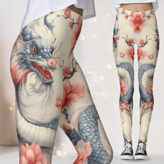 Chinoiserie Lotusdrake | Blå & Rosa Konst Leggings
