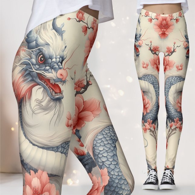 Chinoiserie Lotusdrake | Blå & Rosa Konst Leggings (Skapare uppladdad)