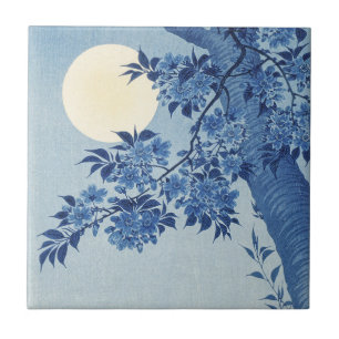 Chinoiserie Marinblå Körsbärsblom & Fullmåne Kakelplatta