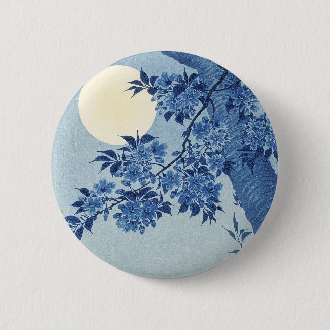 Chinoiserie Marinblå Körsbärsblom & Fullmåne Knapp (Framsida)