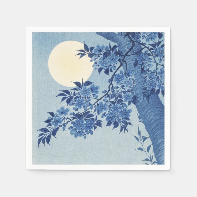 Chinoiserie Marinblå Körsbärsblom & Fullmåne Pappersservett (Framsidan)