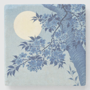 Chinoiserie Marinblå Körsbärsblom & Fullmåne Stenunderlägg