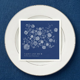 Chinoiserie Marinblå Vildblomsbukett Bröllop Pappersservett
