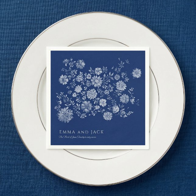 Chinoiserie Marinblå Vildblomsbukett Bröllop Pappersservett (Chinoiserie Navy Blue Wildflower Bouquet Wedding Napkins)
