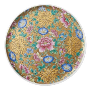 Chinoiserie Millefleur Blommor Guld Keramik Knopp