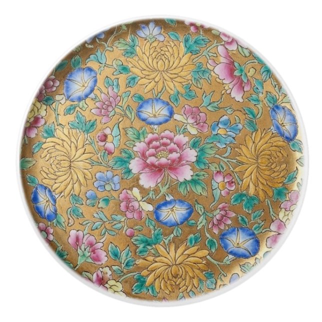 Chinoiserie Millefleur Blommor Guld Keramik  Knopp (Framsidan)