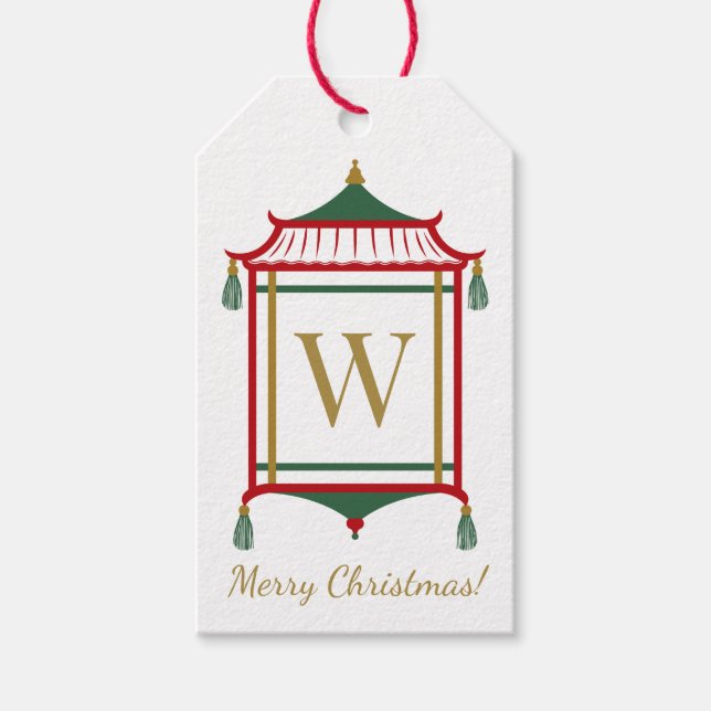 Chinoiserie Monogram Pagoda, Anpassningsbar jul Presentetikett (Framsidan)