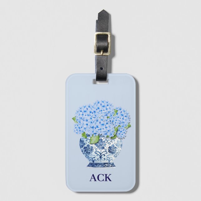 Chinoiserie Nantucket Blue Hydrangeas Luggage Tag Bagagebricka (Framsida vertikal)