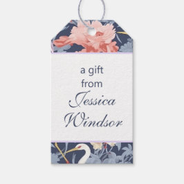 Chinoiserie Navy Blommigt Egret Presentetikett