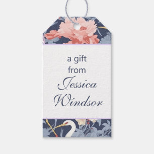 Chinoiserie Navy Blommigt Egret Presentetikett