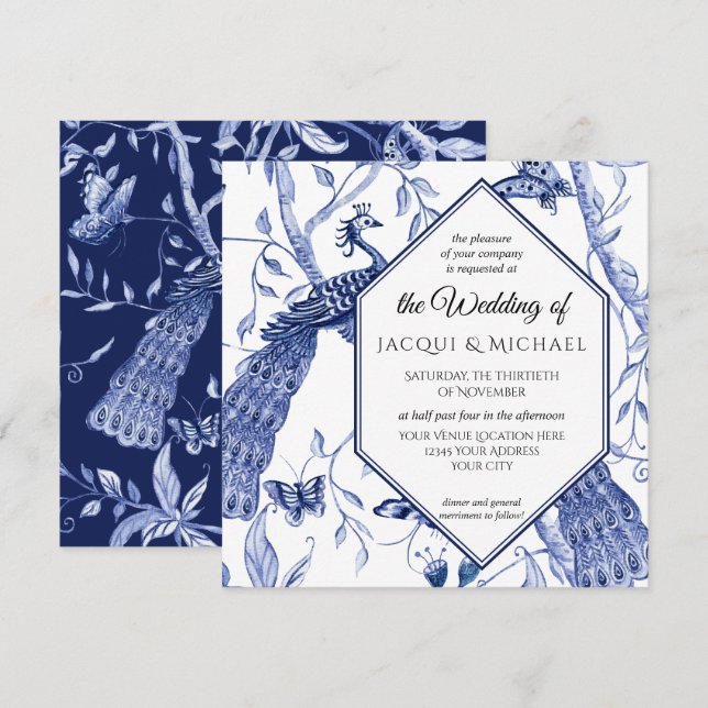 Chinoiserie Navy Blue Peacock Butterfly Hexagon Inbjudningar (Fram/baksida)
