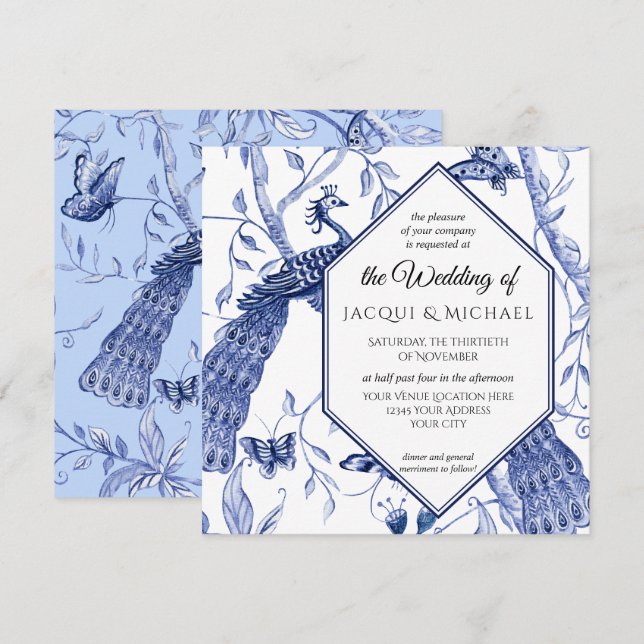 Chinoiserie Navy Blue Peacock Butterfly Hexagon Inbjudningar (Fram/baksida)