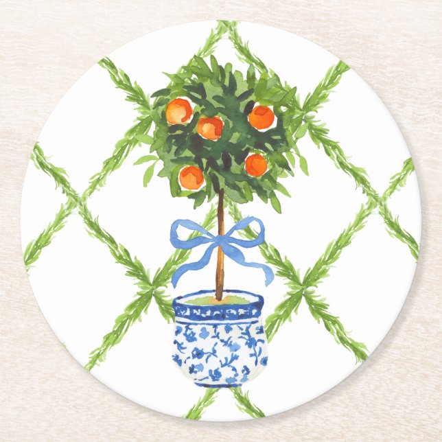 Chinoiserie Orange Citrus Topiary Underlägg Papper Rund (Framsidan)