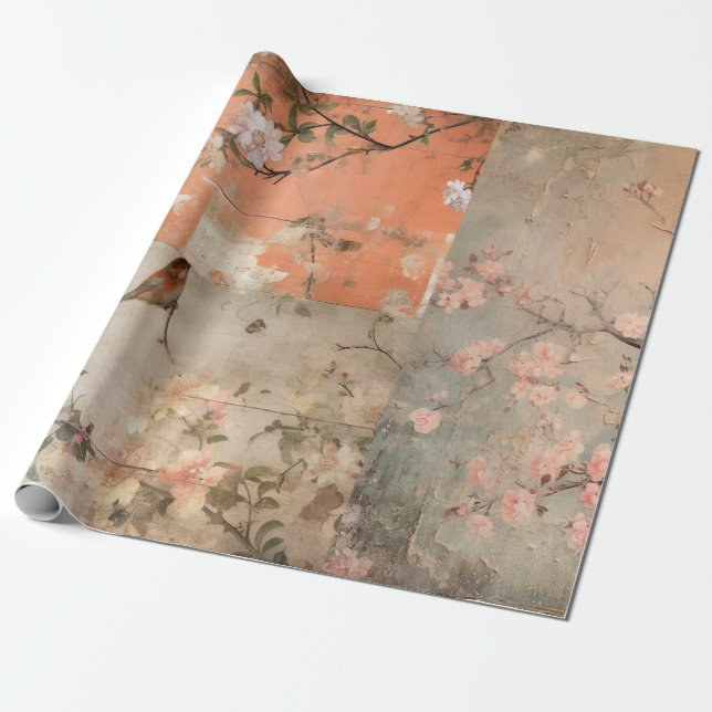 Chinoiserie Orange Sherbet Collage Presentpapper (Utrullad)