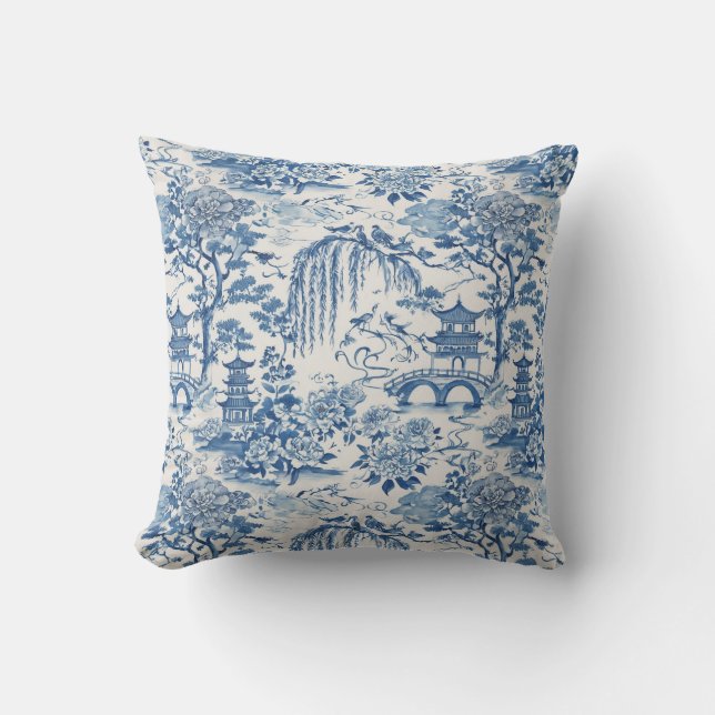 Chinoiserie-pagod och fåglar Blommig blå design Kudde (Framsida)