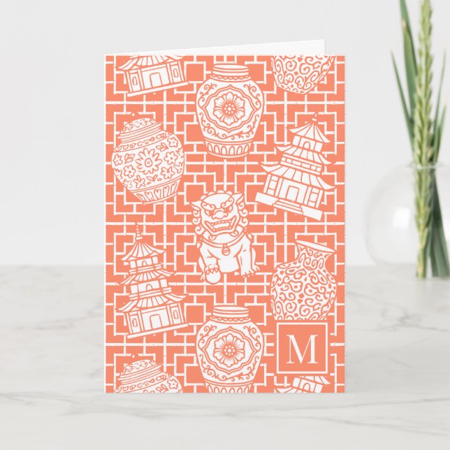 Chinoiserie Pagoda – Coral Preppy Asian Garden Anteckningskort (Framsida)