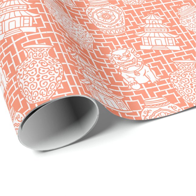 Chinoiserie Pagoda – Coral Preppy Asian Garden Presentpapper (Rullad Hörn)
