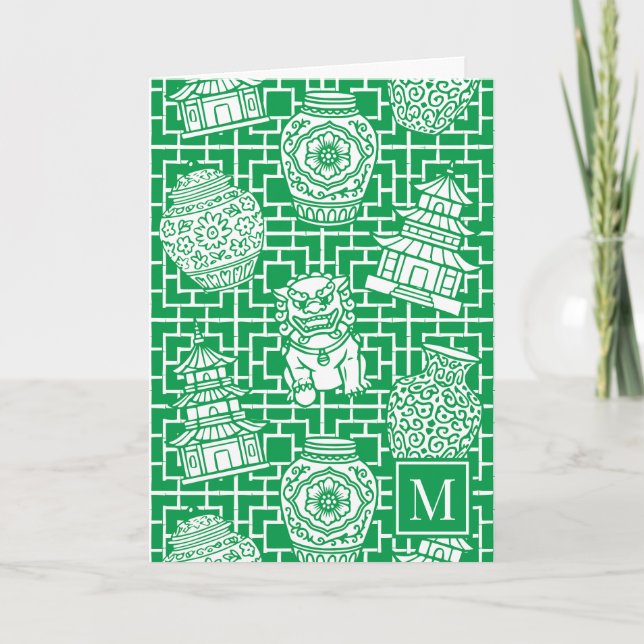 Chinoiserie Pagoda – Green Preppy Asian Garden Anteckningskort (Framsida)