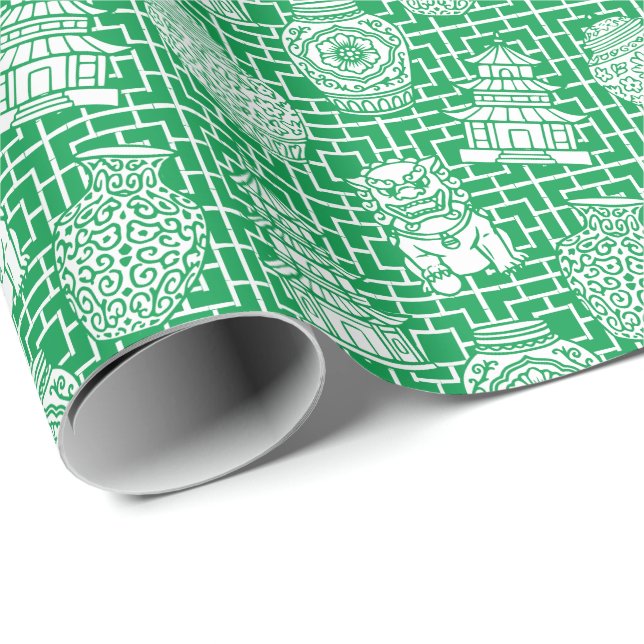 Chinoiserie Pagoda – Green Preppy Asian Garden Presentpapper (Rullad Hörn)