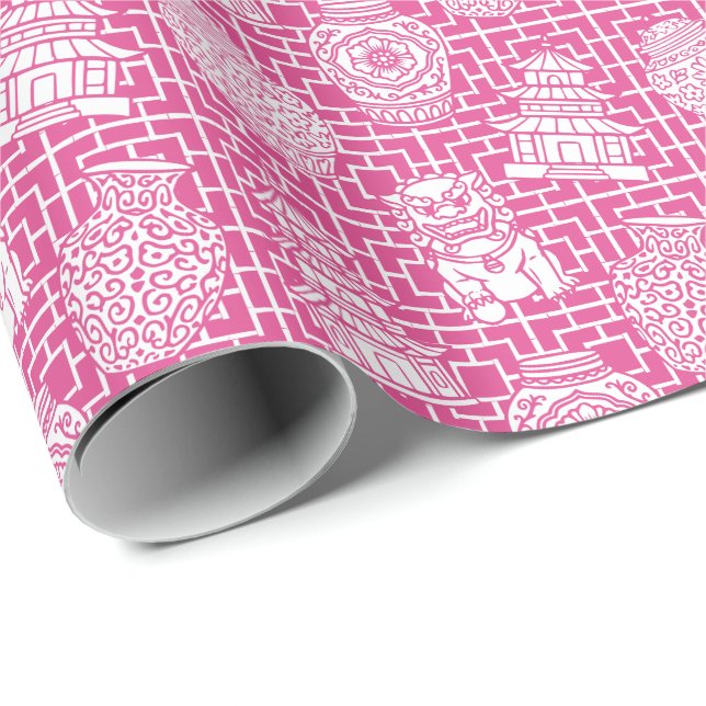 Chinoiserie Pagoda – Hot Pink Preppy Asian Garden Presentpapper (Rullad Hörn)