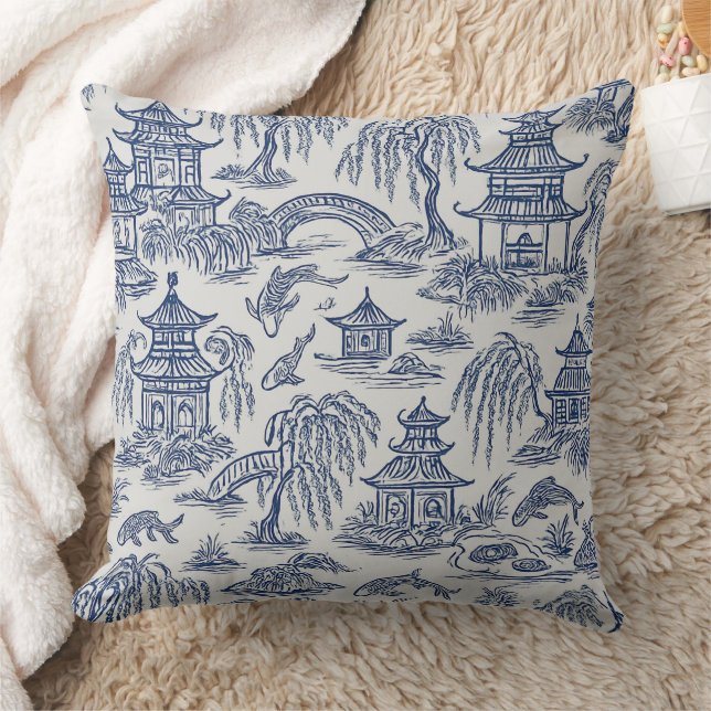 Chinoiserie Pagoda & Koi Pond Kudde (Filt)