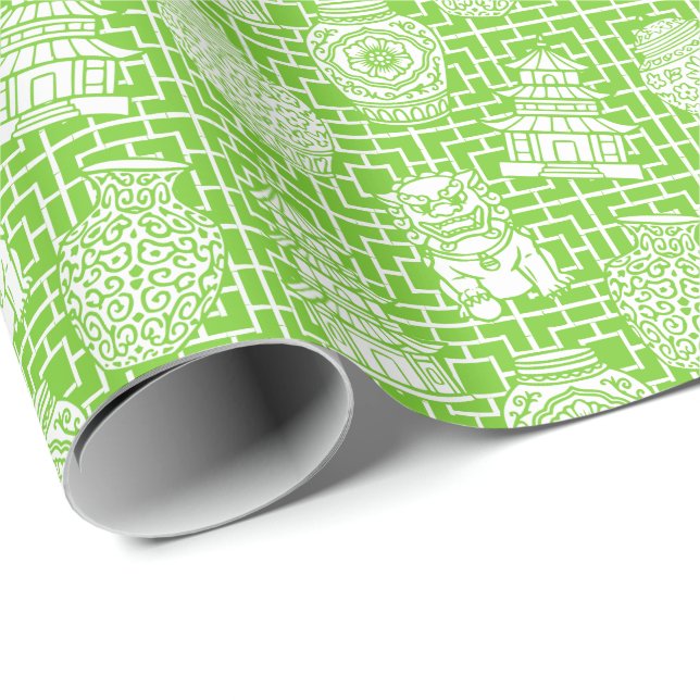 Chinoiserie Pagoda – lime Preppy Asian Garden Presentpapper (Rullad Hörn)