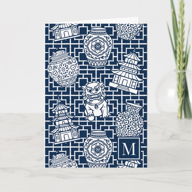 Chinoiserie Pagoda – Navy Preppy Asian Garden Anteckningskort (Framsida)