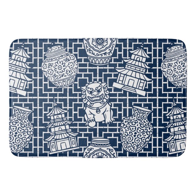 Chinoiserie Pagoda – Navy Preppy Asian Garden Badrumsmatta (Framsidan)