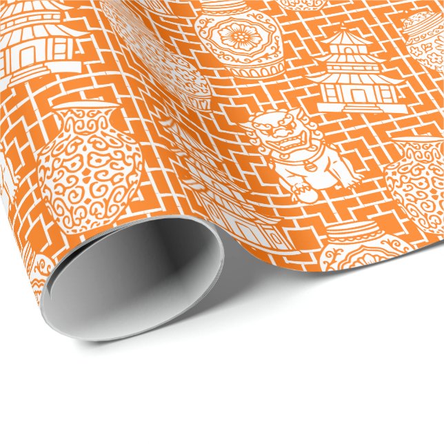 Chinoiserie Pagoda – Orange Preppy Asian Garden Presentpapper (Rullad Hörn)