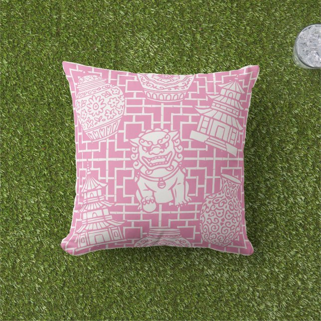 Chinoiserie Pagoda – Pink Preppy Asian Garden Kudde (Gräs)