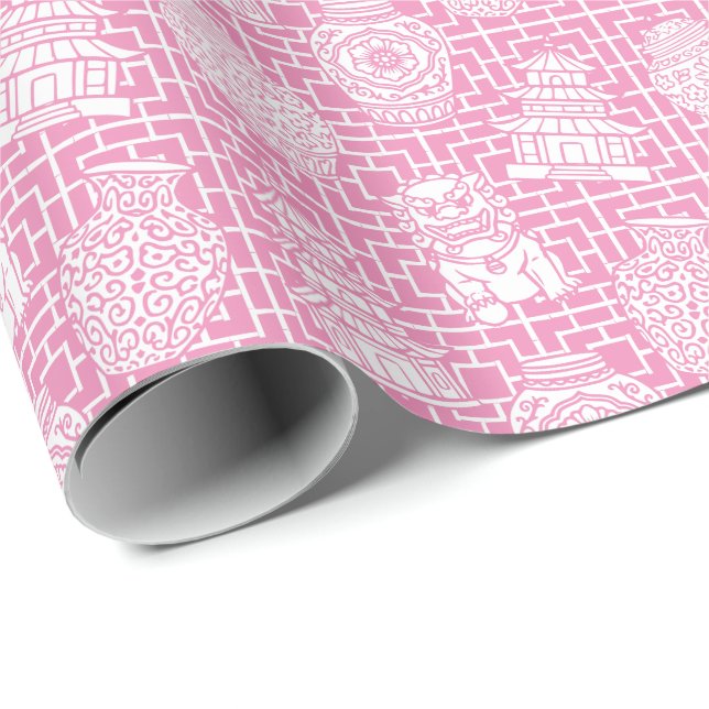Chinoiserie Pagoda – Pink Preppy Asian Garden Presentpapper (Rullad Hörn)