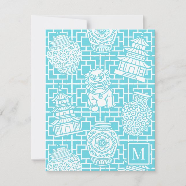 Chinoiserie Pagoda – Turquoise Preppy Asian Garden Anteckningskort (Framsida)