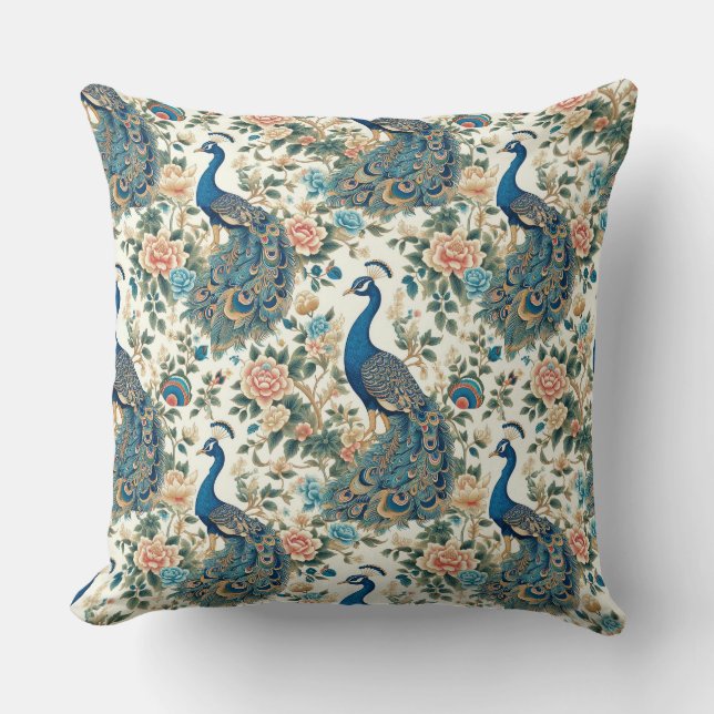 Chinoiserie Peacock Blommigt Kudde (Framsida)