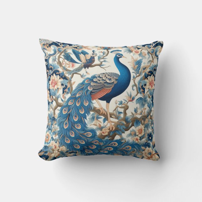 Chinoiserie Peacock Blue och White Kudde (Framsida)
