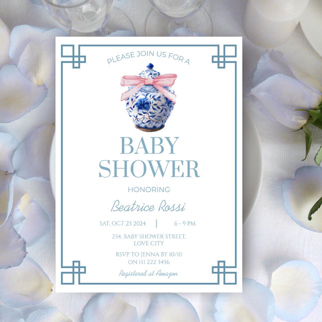 Chinoiserie Preppy Ginger Burk Asian Baby Shower Inbjudningar (Chinoiserie Preppy Ginger Jar Asian Baby Shower Invitation)