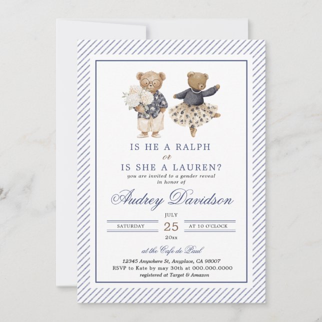 Chinoiserie Preppy Ralph Polo Bear Gender Reveal  Inbjudningar (Framsida)