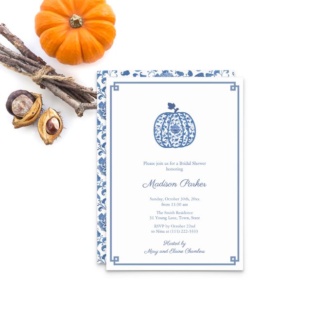 Chinoiserie Pumpkin Blue and White Möhippa Inbjudningar (Watercolor Blue And White Chinoiserie Pattern Bridal Shower Party Invitation)