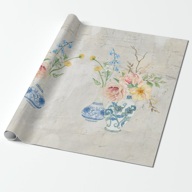Chinoiserie Ro Peony Blommigt Blue White Vas Presentpapper (Utrullad)