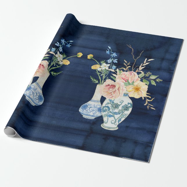 Chinoiserie Ro Peony Flowers Navy Blue Wood Presentpapper (Utrullad)