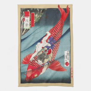 Chinoiserie Röd Koi Karp & Heroisk Pojke Tryck Kökshandduk