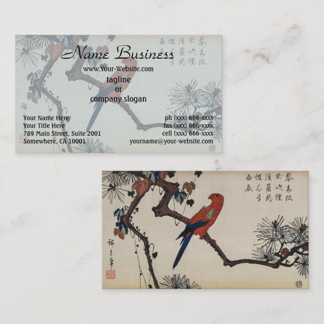 Chinoiserie Röd Papegoja & Zen Tall Träblock Visitkort (Fram/baksida)