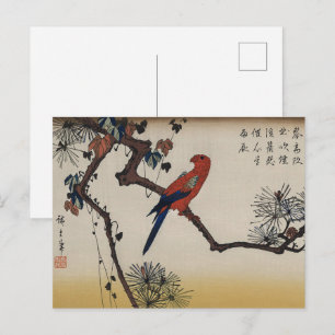 Chinoiserie Röd Papegoja & Zen Tall Träblock Vykort