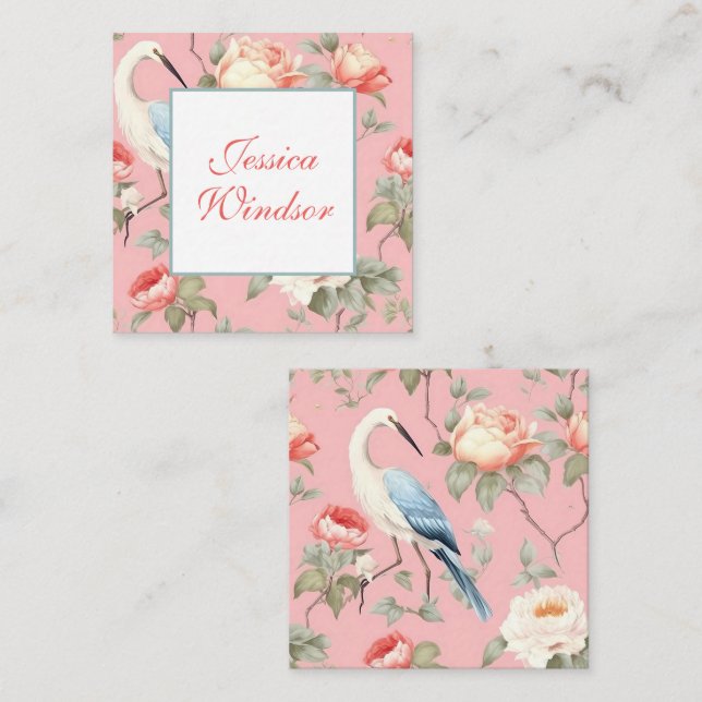 Chinoiserie Rosa Blommigt Egret Gift-hölje Anteckningskort (Fram/baksida)