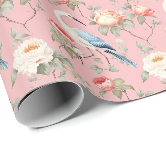 Chinoiserie Rosa Blommigt Egret Presentpapper (Rullad Hörn)