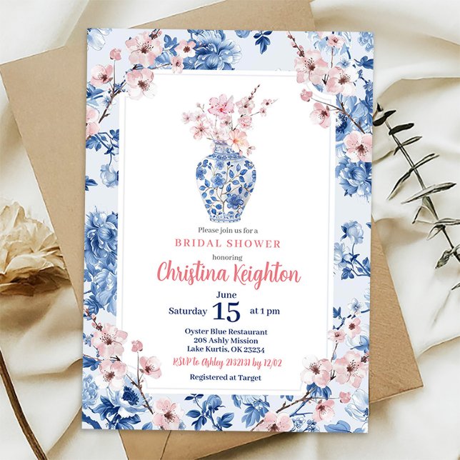 Chinoiserie Rosa Körsbärsblom Bröllopsdusch Inbjudningar (Skapare uppladdad)