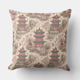 Chinoiserie Rosa Pagoda Watercolor Kudde