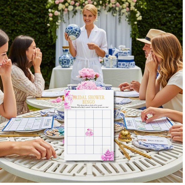 Chinoiserie Rosa Pilträds Bröllopsdusch Bingo spel Inbjudningar (Chinoiserie Pink Willow Bridal Shower Bingo game)