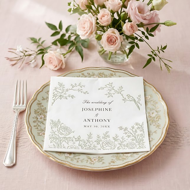 Chinoiserie Sage Gröna Blommiga Bröllops Servetter (Skapare uppladdad)
