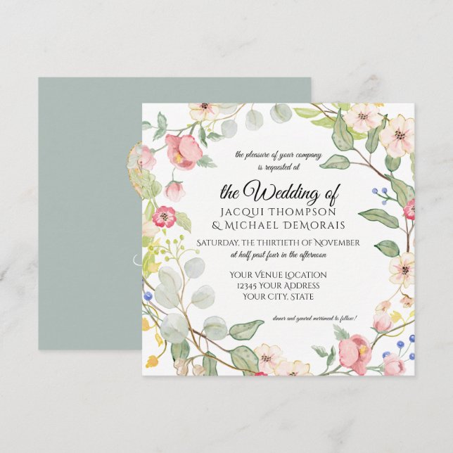 Chinoiserie Silver Sage Watercolor Ro Blommigt Inbjudningar (Fram/baksida)